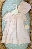 Petit Ami day gown with raglan sleeves and embroidered hem and matching bonnet. Prem