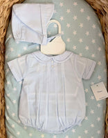 Petit Ami romper and cap with hand feather stitching