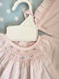Petit Ami day gown with raglan sleeves and embroidered hem and matching bonnet. Prem