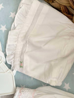 Petit Ami smocked daygown with viole insert and matching bonnet. Prem