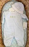 Petit Ami bullion stitch bunny knit convertible bag with matching hat. Newborn